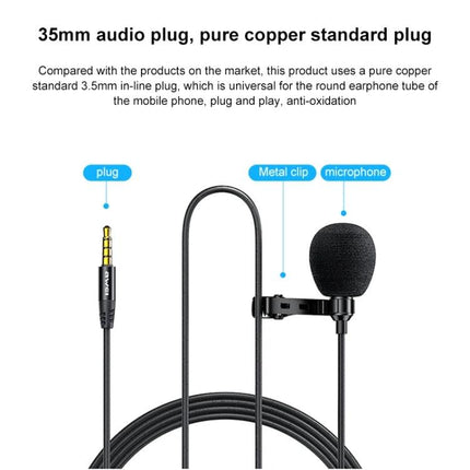 Awei Lavalier Microphone for Everyday Wear and Recording showing 3.5mm plug, metal clip and foam-covered mic