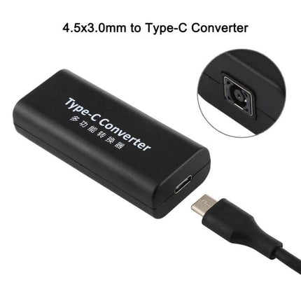 USB-C to DC Power Jack Adapter with 15cm Cable – black 4.5x3.0mm to Type-C converter for powering laptops and devices up to 45W