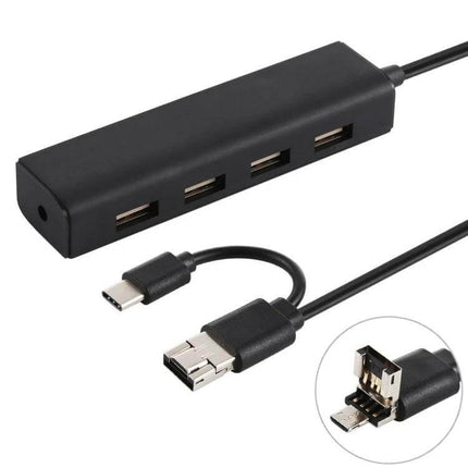 Multi-Port USB Hub for Connecting Devices with USB-C Ports showing black USB 2.0 hub with four ports and USB-C connector