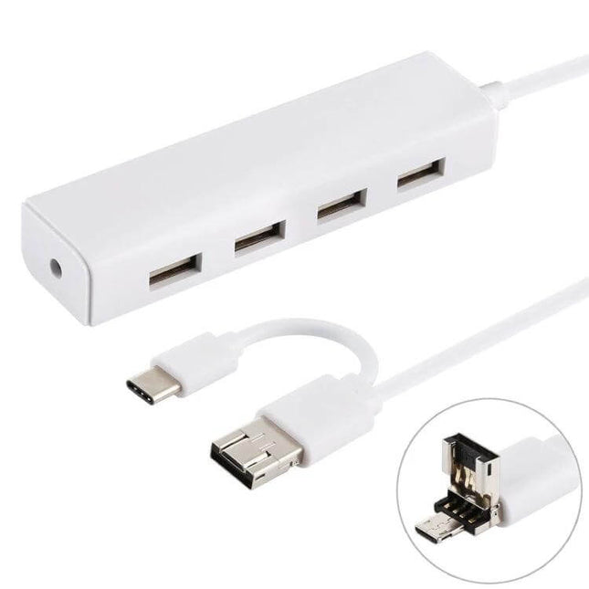 Multi-Port USB Hub for Connecting Devices with USB-C Ports – white 4-port USB 2.0 hub for flash drives, mice, keyboards, and peripherals