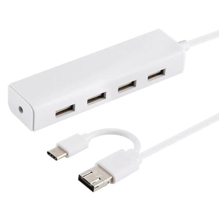 Multi-Port USB Hub for Connecting Devices with USB-C Ports shown as white 4-port USB 2.0 hub connecting USB-C and USB-A cables