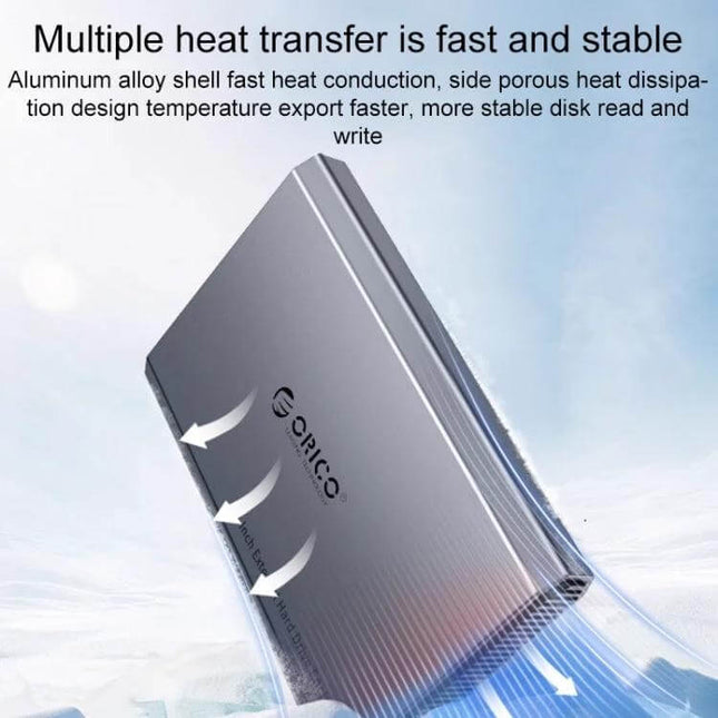 Orico 2.5-Inch Type-C SSD Enclosure for External Storage in aluminum alloy showing heat-dissipation design and Type-C port