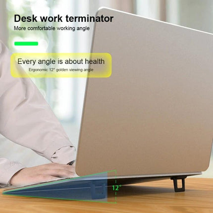 Foldable Mini Desktop Holder for Everyday Use, 2-Pack showing laptop propped at ergonomic 12° angle on desk