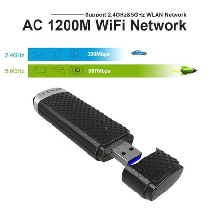 EDUP USB 3.0 WiFi Adapter for Windows and Mac Computers — AC1200 dual-band USB WiFi dongle (2.4GHz 300Mbps, 5GHz 867Mbps) black compact design