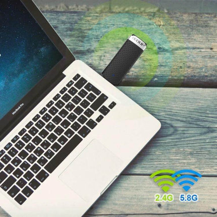 EDUP USB 3.0 WiFi Adapter for Windows and Mac Computers plugged into a laptop USB port showing 2.4G and 5.8G WiFi signals
