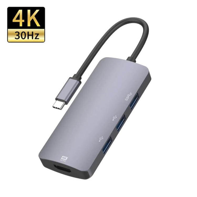 USB-C Multifunctional Hub for Everyday Device Connections in gray with HDMI 4K port and three USB-A ports