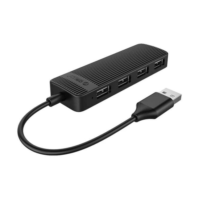 Orico 4-Port USB 2.0 Hub for Connecting Multiple Devices Easily - compact black hub with four USB ports and short cable