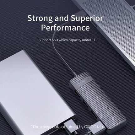 Orico 4-Port USB 2.0 Hub for Connecting Multiple Devices Easily shown connected to laptop and external drive
