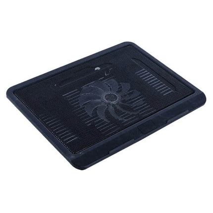 Ergonomic Portable Laptop Cooling Pad with Silent USB Fan showing black mesh surface and large central silent fan for ergonomic tilt and cooling