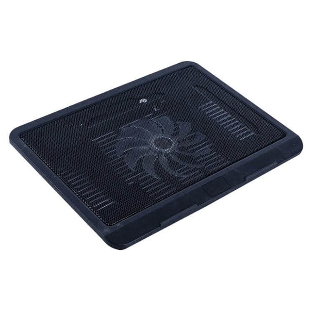 Ergonomic Portable Laptop Cooling Pad with Silent USB Fan showing black mesh surface and large central silent fan for ergonomic tilt and cooling
