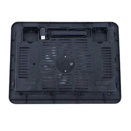 Ergonomic Portable Laptop Cooling Pad with Silent USB Fan black top view showing fan venting ergonomic tilt and cable storage