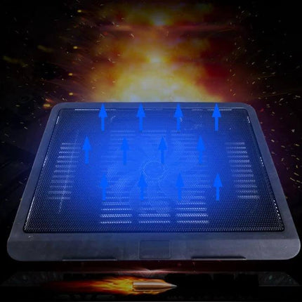 Ergonomic Portable Laptop Cooling Pad with Silent USB Fan shown cooling a laptop with upward airflow arrows and ergonomic tilt