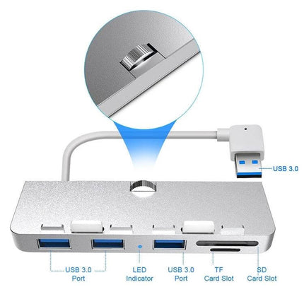 Rocketek USB Hub for iMac with Multiple Ports and Card Slots - slim aluminum hub showing USB 3.0 ports, TF and SD card slots, LED indicator