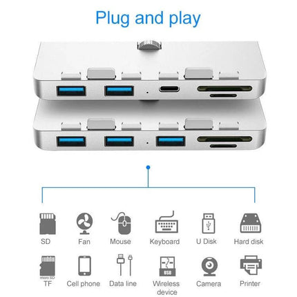Rocketek USB Hub for iMac with Multiple Ports and Card Slots slim aluminum hub with USB-A, USB-C and card slots plugged into iMac