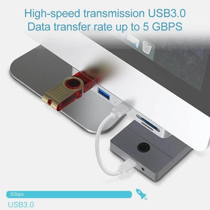 Rocketek USB Hub for iMac with Multiple Ports and Card Slots slim USB3.0 hub attached to iMac with flash drive, card reader and cable clutter-free setup