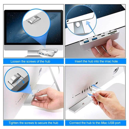 Rocketek USB Hub for iMac with Multiple Ports and Card Slots slim silver adapter showing insertion and connection steps
