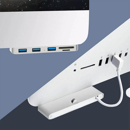Rocketek USB Hub for iMac with Multiple Ports and Card Slots slim aluminum hub mounted on iMac with USB and card slots