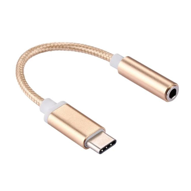 Compact Adapter for Daily Audio Connections on USB-C Devices in gold braided cable for earbuds and laptop calls