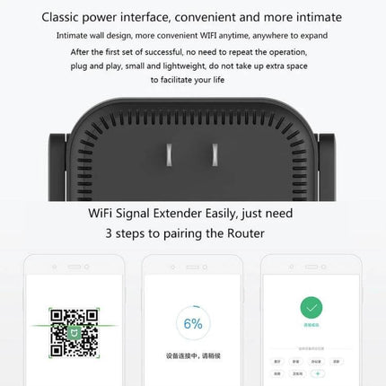Xiaomi Mi WiFi Signal Extender with External Antennas plugged into wall showing external antennas and pairing steps for easy WiFi extension