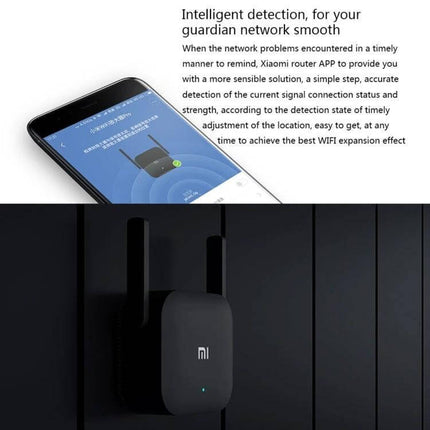 Xiaomi Mi WiFi Signal Extender with External Antennas mounted on wall with app showing signal strength