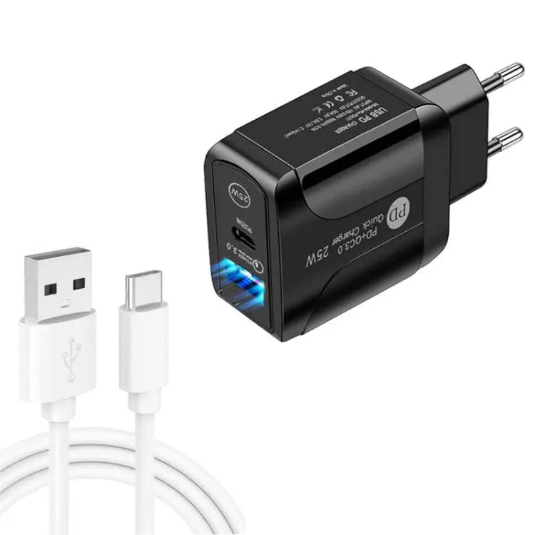 PD25W USB-C QC3.0 Dual Ports Fast Charger EU Plug Cable