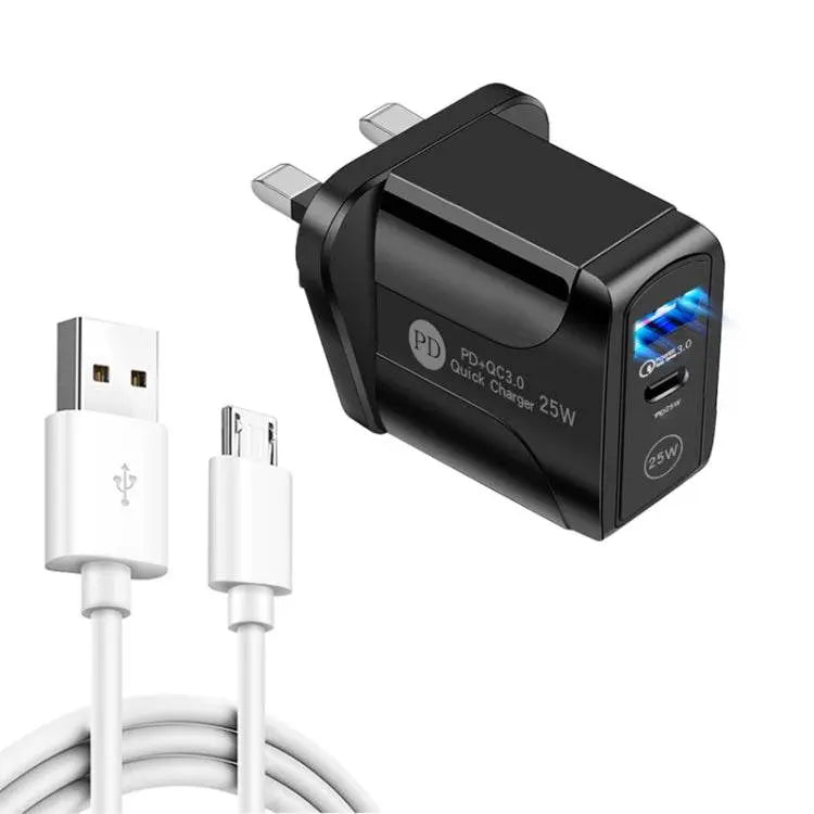 PD25W USB-C QC3.0 Dual Ports Fast Charger UK Plug Cable