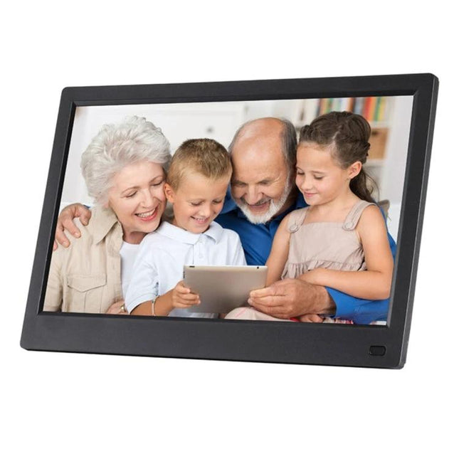 11.6 Inch Digital Photo Frame for Displaying Photos and Slideshows showing grandparents and kids enjoying a family slideshow with music and schedule features