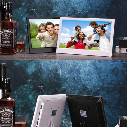 11.6 Inch Digital Photo Frame for Displaying Photos and Slideshows showing family slideshow on desk with white and black frames