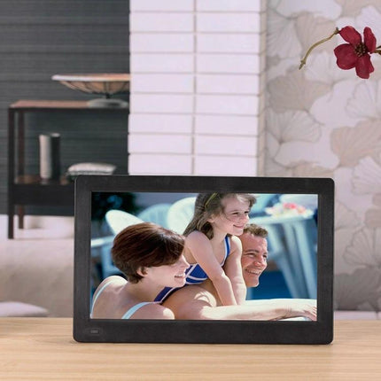 11.6-Inch Digital Photo Frame for Home Photo Display showing a smiling family photo on LED screen on a living room table