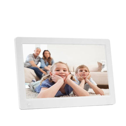 11.6-Inch Digital Photo Frame for Home Photo Display showing family photo on LED screen, clock and music features