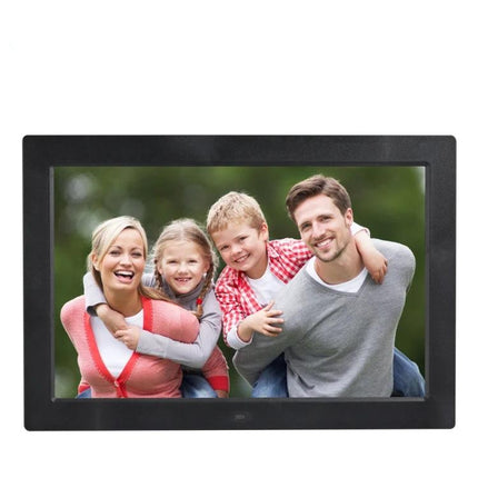 13-Inch High-Definition Digital Photo Frame for Displaying Photos and Videos showing family photo on 13-inch 1366x768 LED screen with clock/music