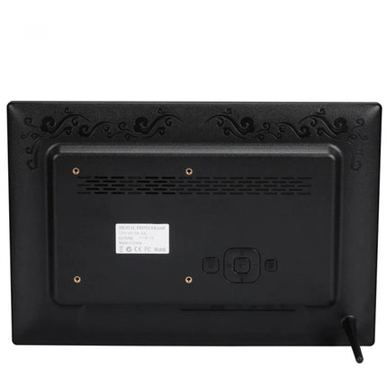 13-Inch High-Definition Digital Photo Frame for Displaying Photos and Videos back view showing rear controls, vents and stand