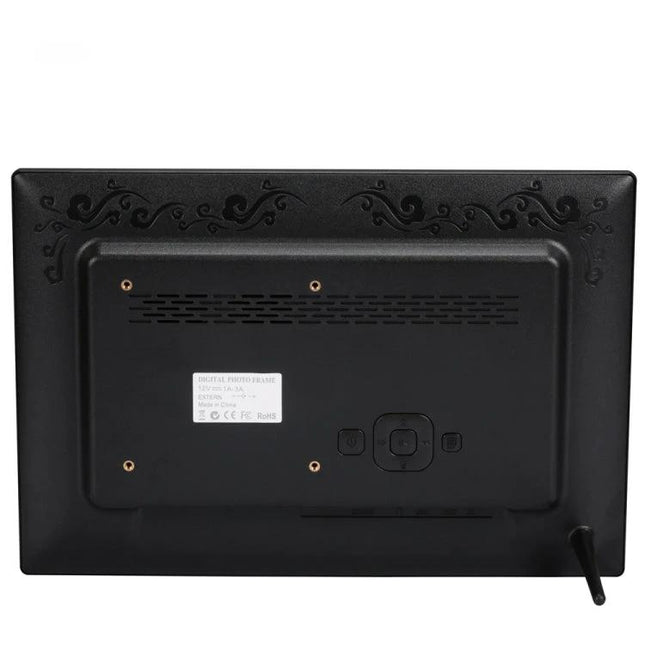 13-Inch High-Definition Digital Photo Frame for Displaying Photos and Videos back view showing rear controls, vents and stand