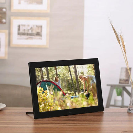 13-Inch High-Definition Digital Photo Frame for Displaying Photos and Videos showing family camping photo with clear 1366x768 LED display
