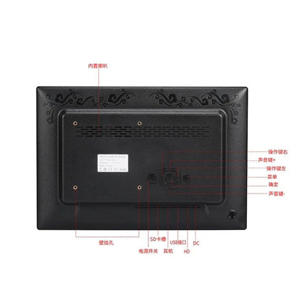 13-Inch High-Definition Digital Photo Frame for Displaying Photos and Videos — rear view showing ports: SD, USB, DC, power and wall-mount