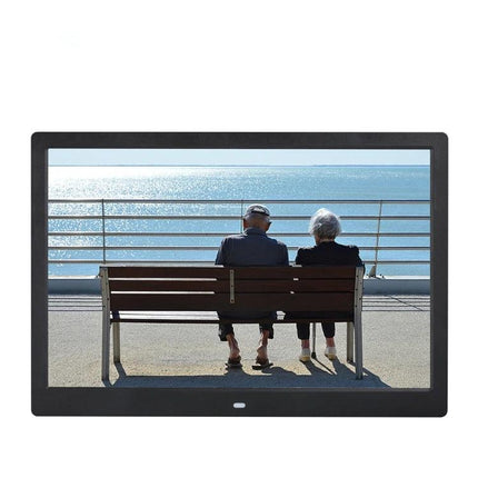 14-Inch Digital Photo Frame for Displaying Photos and Videos showing elderly couple on bench by the sea with playback from SD card or USB