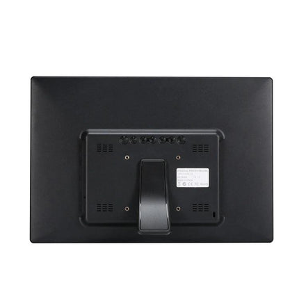 14-Inch Digital Photo Frame for Displaying Photos and Videos showing back view with stand, ports, and speaker vents for home and office use