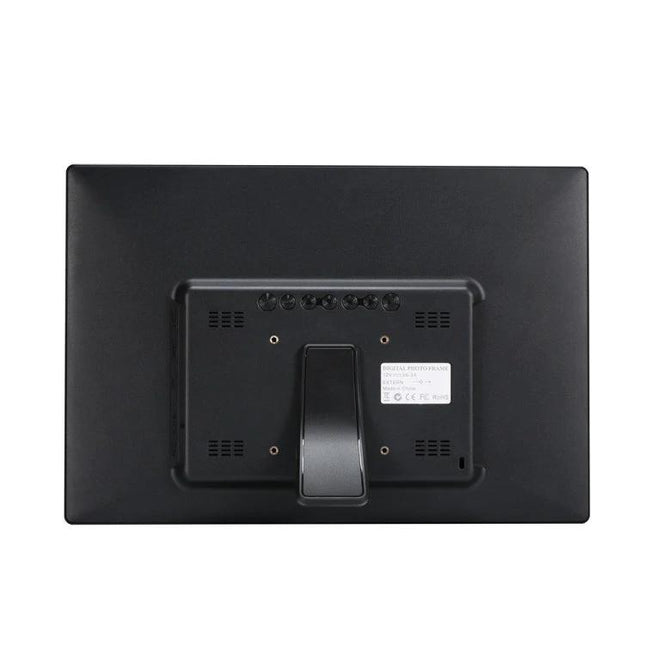 14-Inch Digital Photo Frame for Displaying Photos and Videos showing back view with stand, ports, and speaker vents for home and office use