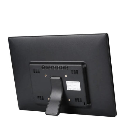 14-Inch Digital Photo Frame for Displaying Photos and Videos - rear view showing stand, LED screen housing, speaker vents and ports