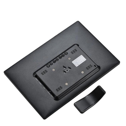 14-Inch Digital Photo Frame for Displaying Photos and Videos showing back panel, buttons, USB and SD slots on LED display