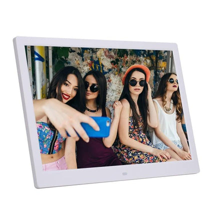 14-Inch Digital Photo Frame for Displaying Photos and Videos showing friends taking a selfie on its LED screen, playing photos and videos from SD/USB