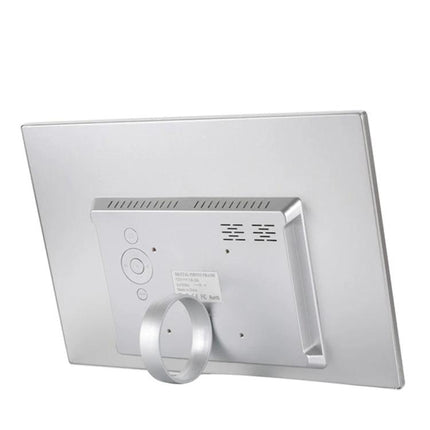 15-Inch Wall-Mountable Digital Photo Frame for Home Display showing silver rear with stand and ventilation ports