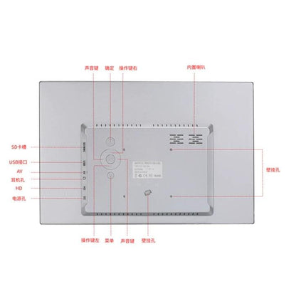 15-Inch Wall-Mountable Digital Photo Frame for Home Display showing rear ports, buttons, vents and wall-mount bracket