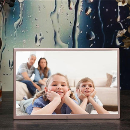 15-Inch Wall-Mountable Digital Photo Frame for Home Display showing family photo on LED screen with built-in speakers
