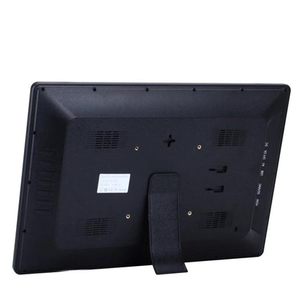 17-Inch Digital Photo Frame for Displaying Images and Videos - rear view showing stand, vents and ports on black 17-inch frame