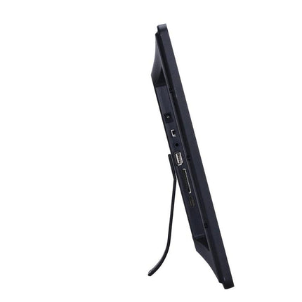 17-Inch Digital Photo Frame for Displaying Images and Videos side view showing ports and stand on a living room shelf