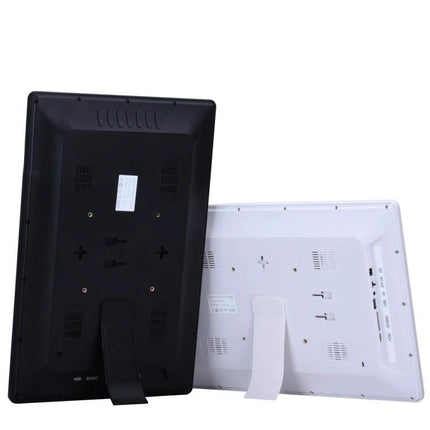 17-Inch Digital Photo Frame for Displaying Images and Videos showing black and white rear views with stand and input ports