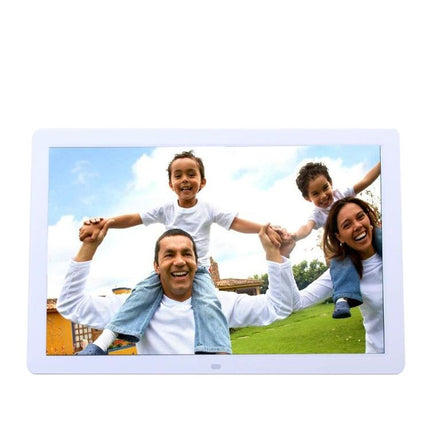 17-Inch Digital Photo Frame for Displaying Images and Videos showing family slideshow on living room shelf