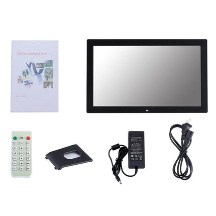 18.5 Inch Wall Mounted Digital Advertising Display Frame showing screen, remote, power adapter and mounting accessories