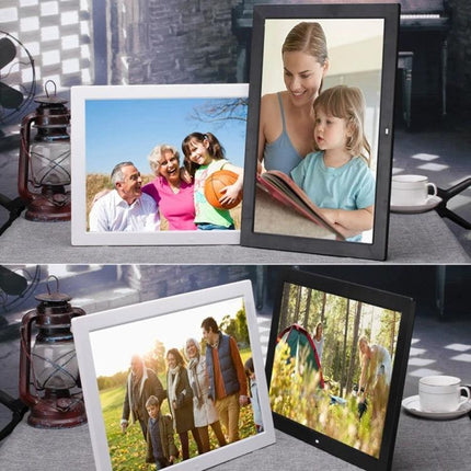 18.5 Inch Wall Mounted Digital Advertising Display Frame showing family photos and videos on LED screens in a retail or office setting